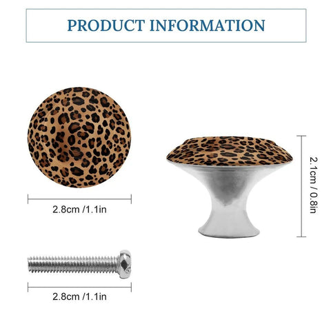 Two Pack Round Stainless Steel Cabinet Knobs With Top Tier Leopard Print Design 1.1 inch diameter with matching screw.