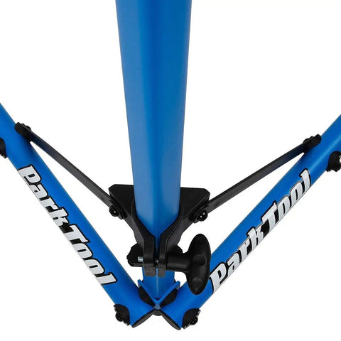 Folding Home Mechanic Repair Stand Built From All Steel Teardrop Tubing For Maximum Rigidity And Stability With Locking Support Yoke And Upgraded Internals Blue Finish One Size top view showing blue teardrop tubing and locking support yoke.