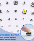 Assorted push button switches from 260Pcs Micro Momentary Tactile Push Button Switch Kit with 26 values, 12V DC, 50mA rating.