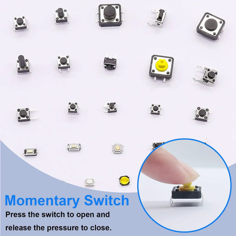Assorted push button switches from 260Pcs Micro Momentary Tactile Push Button Switch Kit with 26 values, 12V DC, 50mA rating.