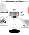 Dimensions and details of Smart 3 Inch Recessed LED Light Pack of 8, side view showcasing hole size, cover, and material.