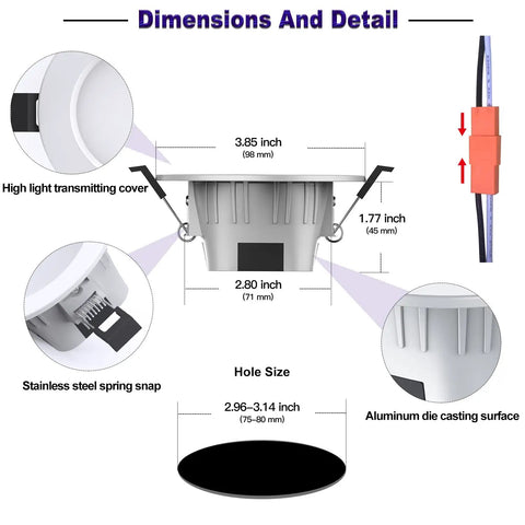 Dimensions and details of Smart 3 Inch Recessed LED Light Pack of 8, side view showcasing hole size, cover, and material.