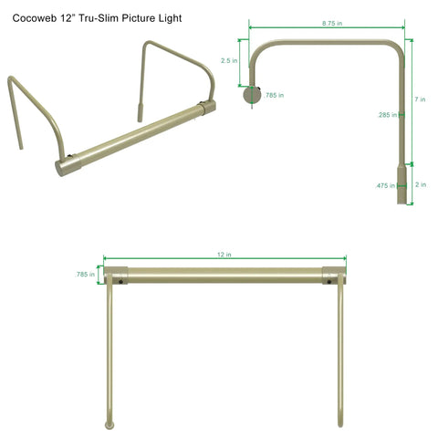 Dimensions of 12 Inch Tru Slim Antique Brass LED Picture Light With Adjustable Arm Plug In 2700K Warm White Toggle Switch