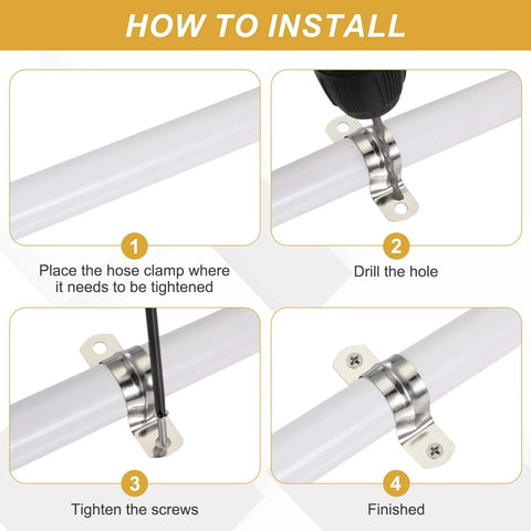 Installation steps for Heavy Duty 24 Pack 10mm 304 Stainless Steel Rigid Pipe Straps U Brackets with self-tapping screws and two hole clamp.