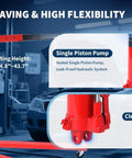 Side view of red 8-ton long-ram engine hoist with clevis base and air pump