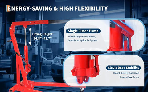 Side view of red 8-ton long-ram engine hoist with clevis base and air pump