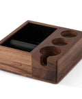 Premium Wooden Espresso Knock Box With Heavy Duty Rubber Slag Rod And 58mm Portafilter Tamping Base showcasing wood construction and compartments.