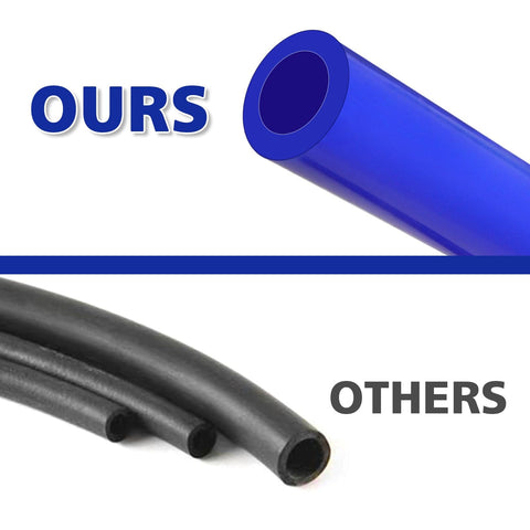 Comparison of Versatile High Performance Automotive Silicone Vacuum Tubing Hose Kit in blue with standard black hoses.