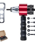Electric Rivet Gun Adapter Kit With Quick Change Blind Riveter Inserts, tools and box, for auto repair and DIY metalwork.