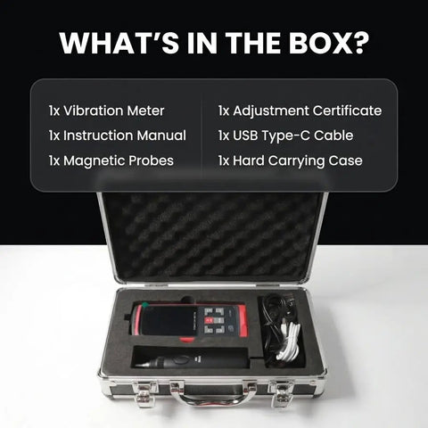 Handheld Digital Vibration Meter 3 In 1 Tester For Motors And Bearings Pro Grade Vibrometer in hard case with probes and cable