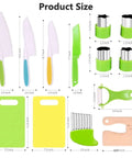 Front view: Higoney 17-piece kids kitchen set by Amazon with toddler-safe knives, 2 cutting boards and fruit/veg tools