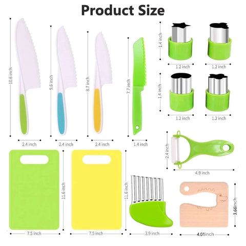 Front view: Higoney 17-piece kids kitchen set by Amazon with toddler-safe knives, 2 cutting boards and fruit/veg tools