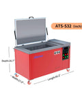 Prograde 32 Gallon Industrial Ultrasonic Cleaner With Digital Heater Timer showing red tank with open lid and control panel.