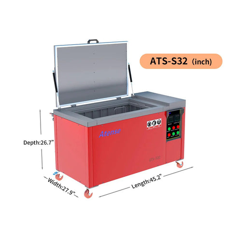 Prograde 32 Gallon Industrial Ultrasonic Cleaner With Digital Heater Timer showing red tank with open lid and control panel.