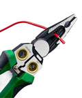Close-up of Top Rated 8 In One Cable Stripper Tool Pro Electric Pliers with manual voltage tester and red wire.