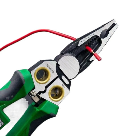 Close-up of Top Rated 8 In One Cable Stripper Tool Pro Electric Pliers with manual voltage tester and red wire.
