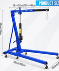 2 Ton Folding Engine Hoist With 4400 Lb Hydraulic Capacity blue steel frame with measurements, ideal for auto shops and heavy lifting.