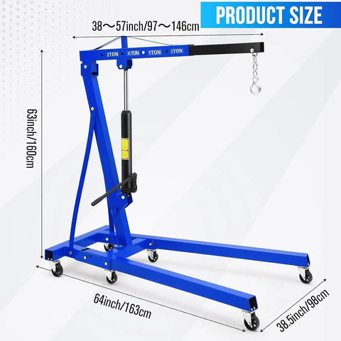 2 Ton Folding Engine Hoist With 4400 Lb Hydraulic Capacity blue steel frame with measurements, ideal for auto shops and heavy lifting.