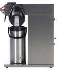 Side view of Commercial Airpot Coffee Brewer Plumbed In Automatic With Backup Pourover, Heavy Duty All Stainless Steel.