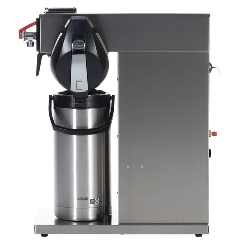 Side view of Commercial Airpot Coffee Brewer Plumbed In Automatic With Backup Pourover, Heavy Duty All Stainless Steel.