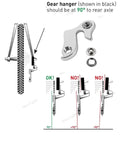 Illustration showing Beefy Universal Rear Derailleur Hanger for bikes frame tail hook with fitting guide and measurements.