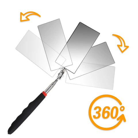 Extendable Inspection Mirror 12 To 30 Inch Reach Flexible Rectangle Mirror with retractable handle, 360-degree rotation view