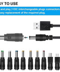 Badass 12V Car Charger With DC Power Cord And Eleven Swappable Plugs For GPS Camera Bluetooth Speaker Shaver Fan And Vehicle Gadgets Hella Versatile Universal Adapter For Any Ride You Own, showing 11 interchangeable plugs.