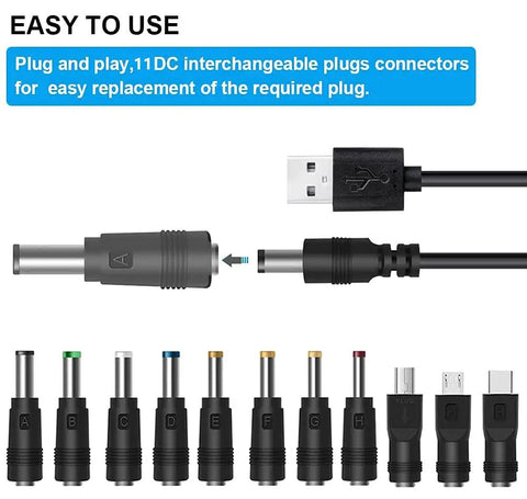 Badass 12V Car Charger With DC Power Cord And Eleven Swappable Plugs For GPS Camera Bluetooth Speaker Shaver Fan And Vehicle Gadgets Hella Versatile Universal Adapter For Any Ride You Own, showing 11 interchangeable plugs.