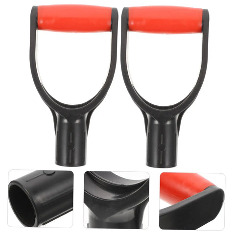 2 Pack D Shaped Shovel Handle Replacement Grip For Gardening Durable Plastic No Slip Palm Friendly Comfort Fit For Digging And Raking Tools Easy Install Inner Diameter, showing top and side angles of grips with red handles.