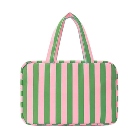 Front view of colorful Water Resistant Cosmetic Bag With Leak Proof Pockets, Compact Toiletry Carrier For College Dorm Life And On The Go Travel