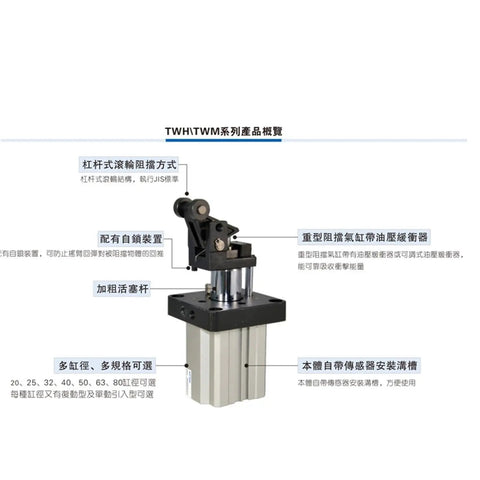 Heavy Duty Pneumatic Air Cylinder With Magnetic Tip For TWH TDH TTH Series showing detailed construction features and mounting options.