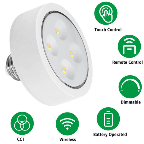 No-Hassle Remote Control Screw-In Puck Lights For E26 Bases, 2-Pack Battery Powered Puck Lights with control icons