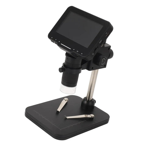 Pro Grade Digital Welding Microscope With 4.3 Inch IPS Screen, 16MP Sensor, 1080P Clarity, 1600X Magnification For Ultra Clear Enlarged Viewing, HD Multimedia Interface, Perfect For Metal Work, Electronics, And Precision Inspection. black bench-top digital microscope with base and stand