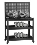 Heavy Duty 1000 Pound Rolling Workbench With Removable Pegboard And Smooth Rolling Tool Cart For Garage Shop Setup Steel Welding Surface Built Tough Shop Ready with weights on shelves.