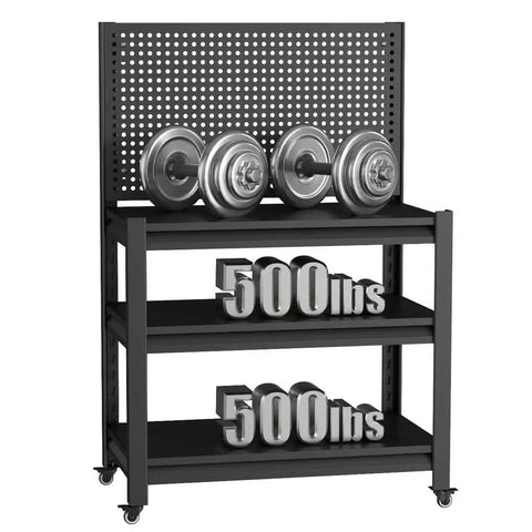 Heavy Duty 1000 Pound Rolling Workbench With Removable Pegboard And Smooth Rolling Tool Cart For Garage Shop Setup Steel Welding Surface Built Tough Shop Ready with weights on shelves.