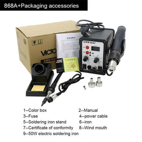700W Soldering Station With Hot Air Rework shown with accessories like soldering iron, LED control display, and power cable.