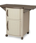 Outdoor Grilling Prep Station With Storage Portable Backyard Kitchen Counter Durable Resin Weather Resistant Top Cabinet For Serving Tray And More With Drop Leaf Extensions Taupe Brown showing closed and extended leaf