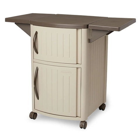 Outdoor Grilling Prep Station With Storage Portable Backyard Kitchen Counter Durable Resin Weather Resistant Top Cabinet For Serving Tray And More With Drop Leaf Extensions Taupe Brown showing closed and extended leaf