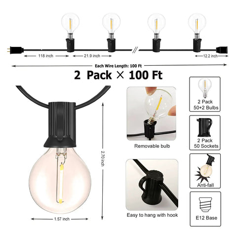 Diagram of Waterproof G40 LED Globe String Lights 200ft With 104 Shatterproof Bulbs Dimmable And Connectable Patio Lighting details