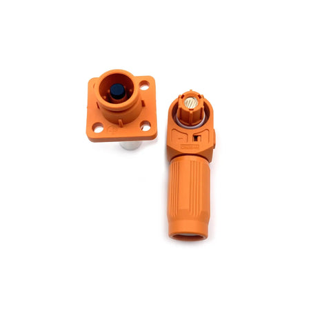 Heavy Duty 120A Battery Energy Storage Connector 25mm Wire Crimp Terminal With Right Angle Plug Socket IP67 Waterproof rated connectors with orange casing.