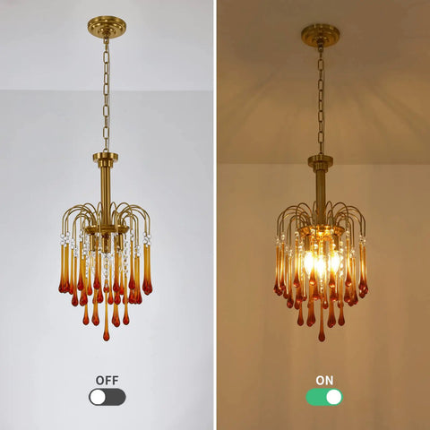 Gold Crystal Pendant Light Fixture For Dining Room And Kitchen Island, Modern Brass Pendant With K9 Crystal Drops, lit and unlit