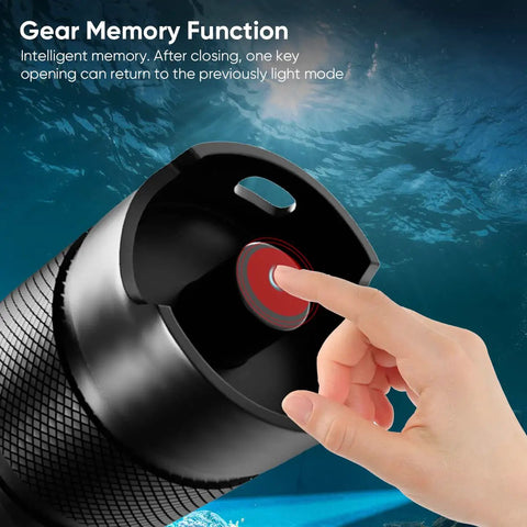 Close-up of thumb pressing power button on Beast Mode 3000 Lumen Dive Flashlight For Underwater Exploration Rechargeable Scuba Light.