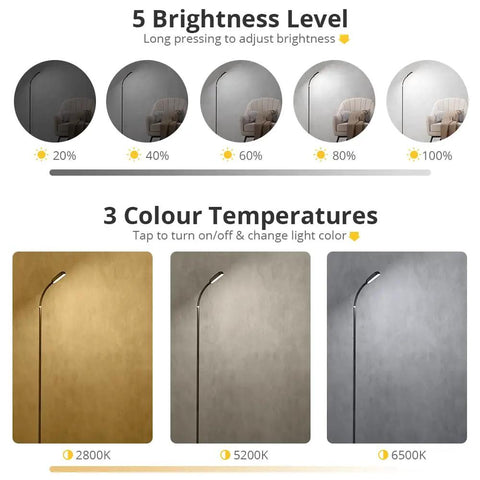 Cordless Tall LED Floor Lamp That Is Totally Lit With 42 LEDs, 3 Color Temperatures, 5 Brightness Levels, Touch Control, And 3 Modes Warm Natural White For Living Room Bedroom Home Office And Modern Decor brightness and color settings display