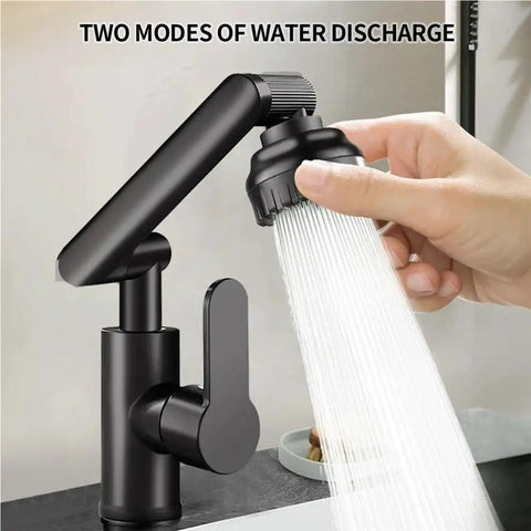 UHRLGHS 360°Swivel Kitchen Faucet with Robotic Arm Dual Mode Soft Bubble & Shower Adjustable Flexible Design Modern Gray Finish for Easy Cleaning & Versatile Use,Black showing hand switching water discharge modes.