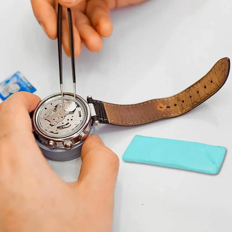 Timepiece Cleaning Putty For Watches Pro Grade Dry Clay Bar next to an open watch with tools, showing non porous surface cleaning