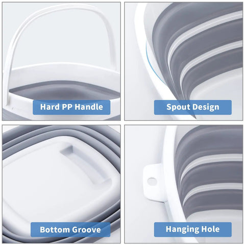 Features of Collapsible 10L Water Bucket for Outdoor Cleaning and Camping Foldable 2.6 Gallon Plastic Mop Bucket with Handle. Grey, BPA Free.
