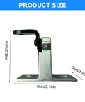 Automotive left rear door hinge bracket with base plate and curved arm; metal, 8 cm wide, 6 cm tall