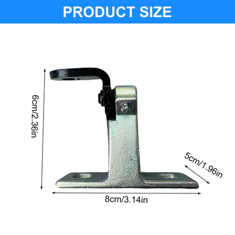 Automotive left rear door hinge bracket with base plate and curved arm; metal, 8 cm wide, 6 cm tall
