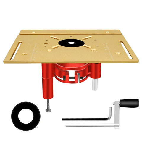 Heavy Duty Router Table With Crank Handle Lifting Kit And Game Changer Precision Woodworking Insert Plate viewed top-down showing gold plate and red base.