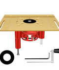 Rugged Router Lift System With Smooth Crank Handle Dead On Precision Height Adjustment And Durable Insert Base Plate, red and gold components, workshop use.